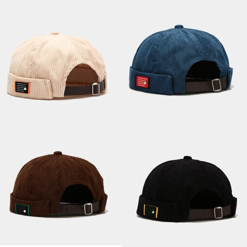 Unisex Letters Label Fluwelen Beanie Docker Cap Retro Rolde Manchet Sailor Schedel Hoed