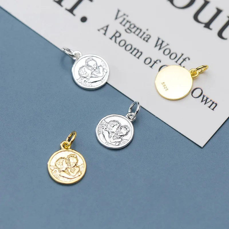 925 Sterling Silver Fashion Round Angel Image Charms 10mm Bracelets Necklace Tag Medallion Pendant DIY Jewelry Fittings Supplier