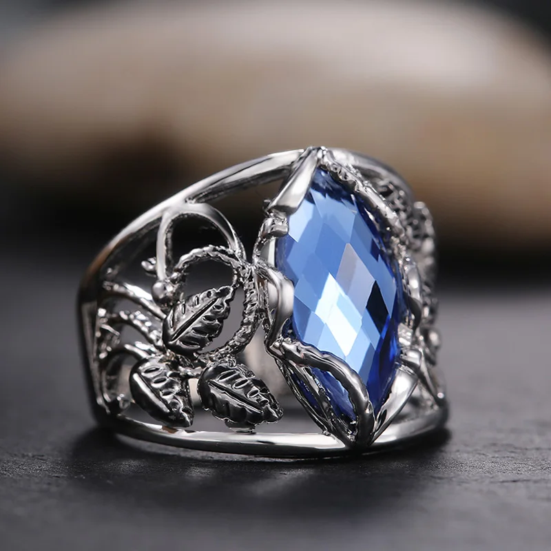 Huitan Fashion Wide Women Ring for Party Daily Wearable Jewelry Noble Rhombus Cut Blue Horse Eye Drill Stone Hollow Leaf  Rings