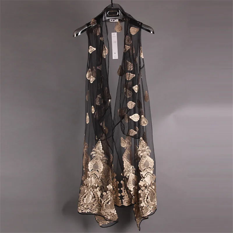 Men's long design embroidered vest fashion non mainstream cardigan personalized cape translucent sleeveless vest