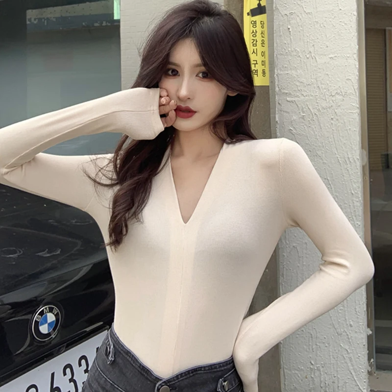 AOSSVIAO V Neck Long Sleeve Shirt Women Ribbed Sexy Tops 2024 Autumn Black Casual Skinny Slim Basic Woman T Shirts White