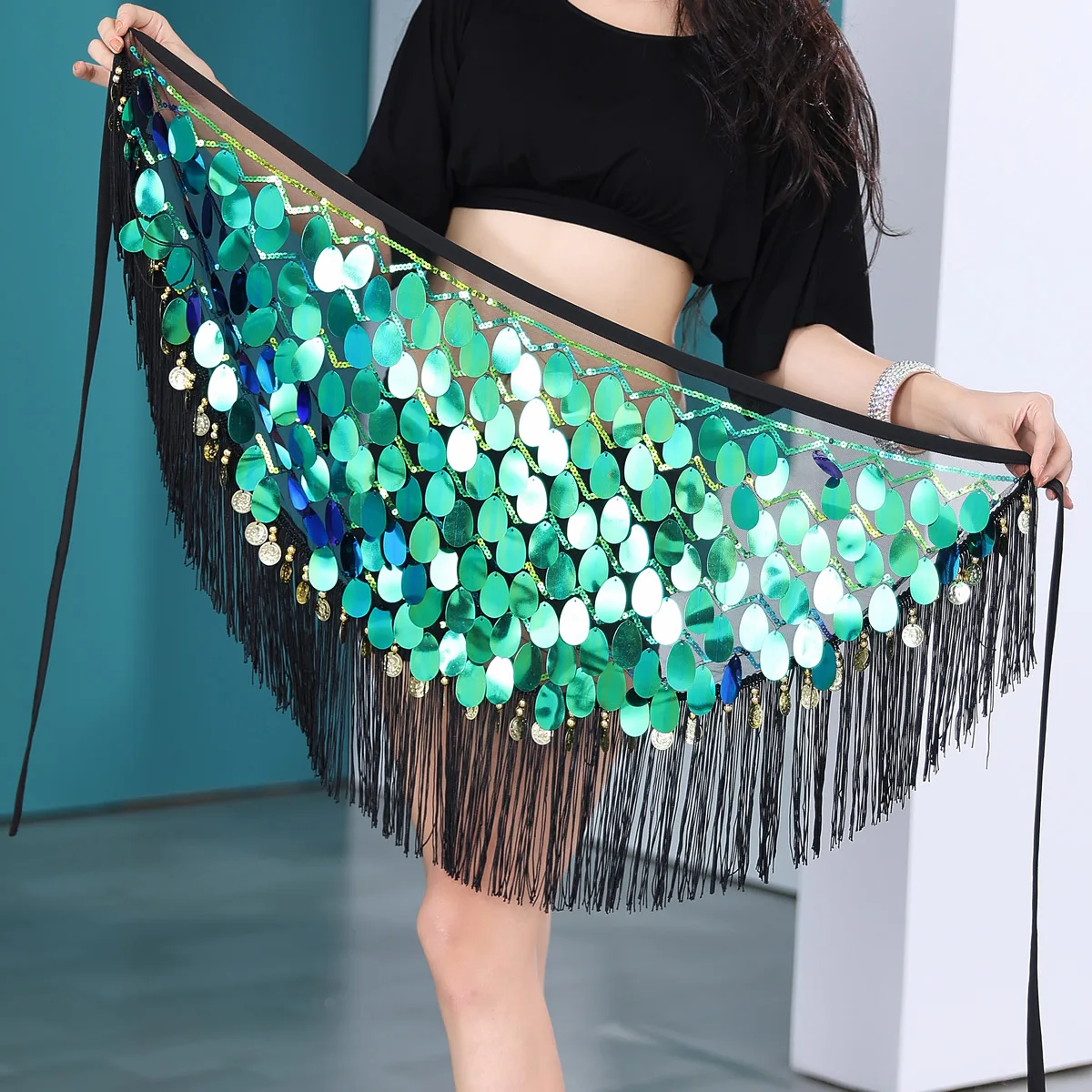 Belly Dance Hip Skirt Tassel Scarf Sequin Wrap Rave Costume for Women Bellydance Belt Dance Performance Skirt Shine Extra Long