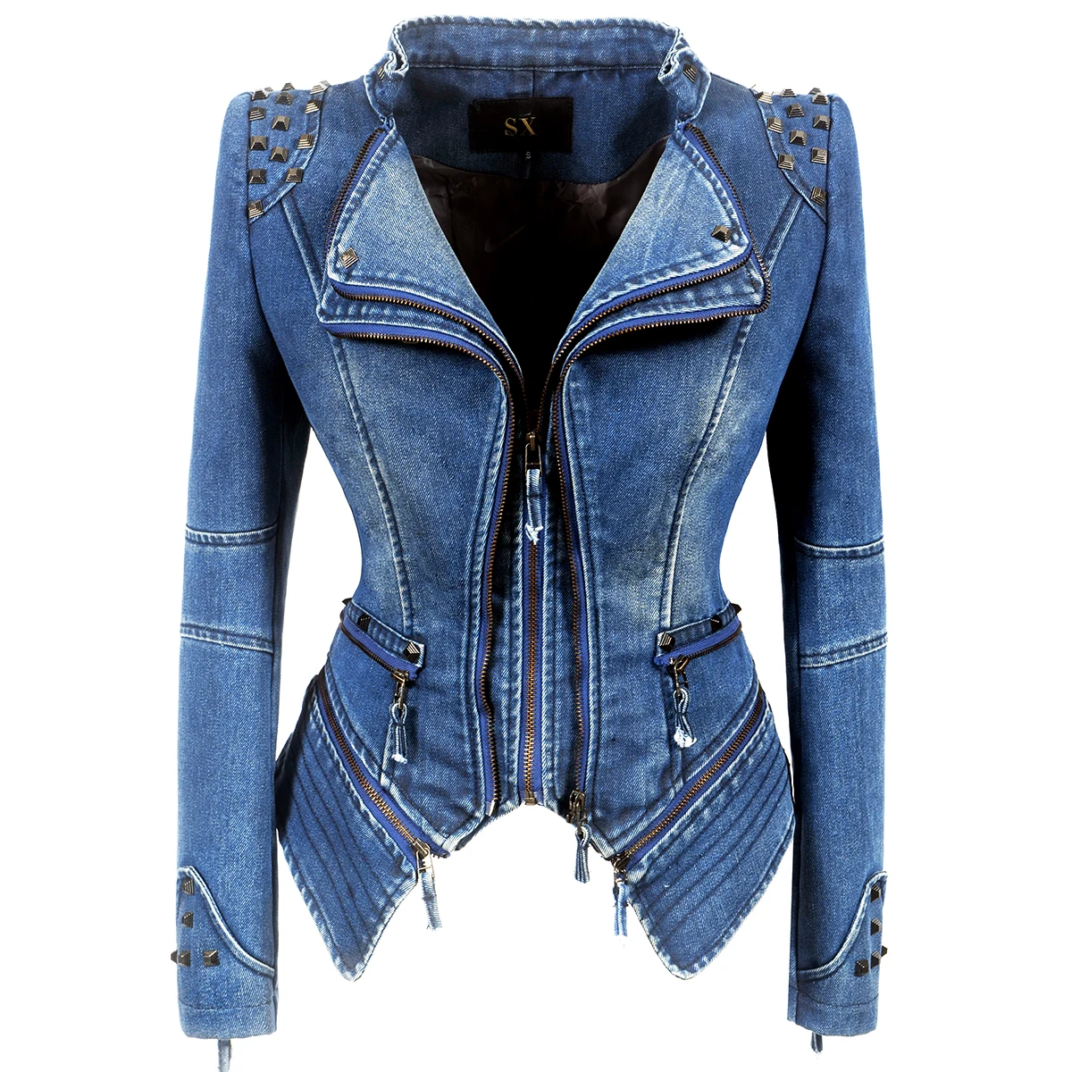 Veste en Denim à Rivets pour Femme, Fermeture Éclair en Métal, Épissure, Revers, Manteau Court, Coupe Cintrée, Haut de Moto, Mode Pop, Printemps