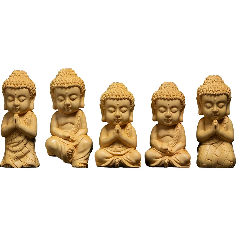 El oyması ahşap buda heykelleri 5 Set, ahşap taban üzerinde sakin oturma mesajları, dua için manevi usta, dini