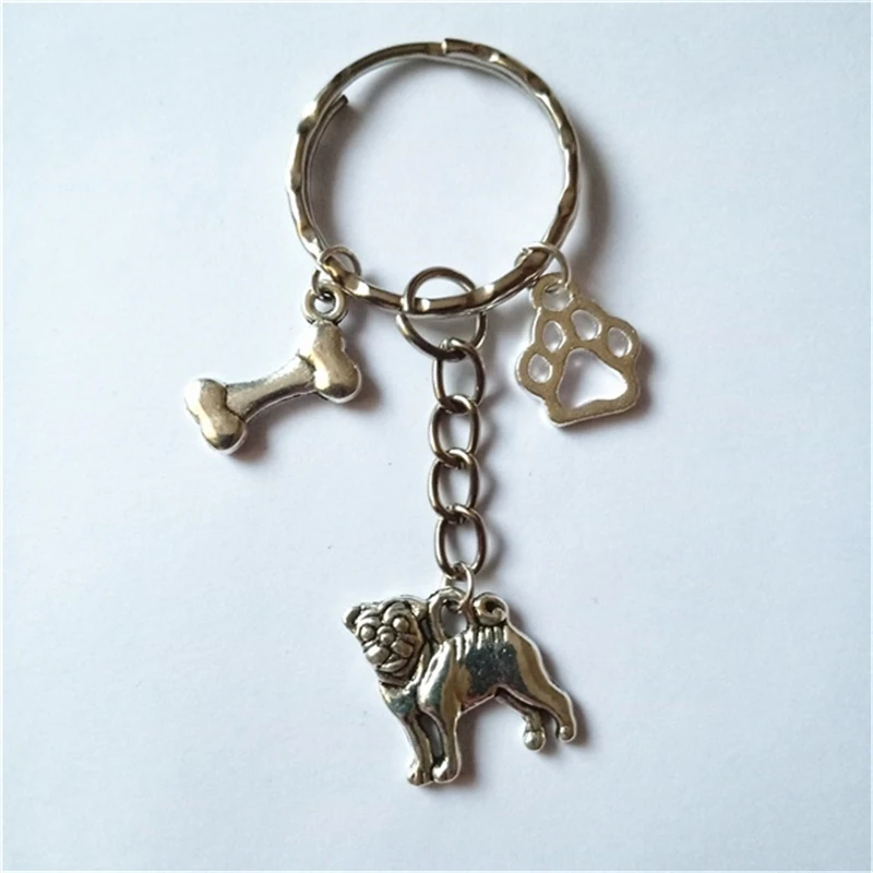 Handmade Keychain, Cute Pendant, Animal Paw Print Keychain, Pug Keyring, Dog and Bone Keychain, Gift for Pet Lovers