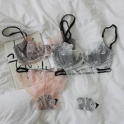 Feminine lace ultra-thin bra panties set soft texture big breasts small rims lingerie women large size cotton-free underwear