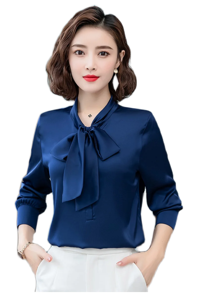 Elegant bright color bow satin silk women shirt blouse long sleeve fashion korean office ladies work shirt basic female tops