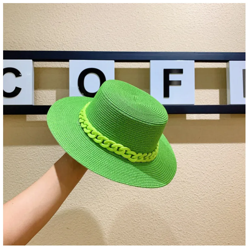 Macaron color straw hat sun hat flat top Korean fashion color chain with top hat acrylic beach hat candy color sun hat