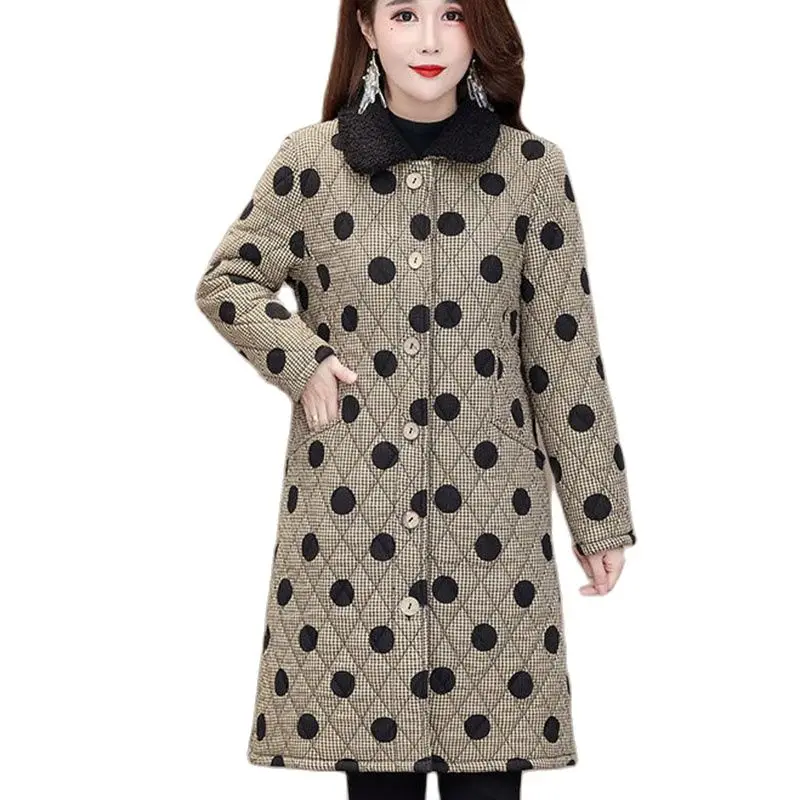 Winter New Women's Cotton Coat Add  Velvet Thicken Mid-long Lattice Pocket Printing Single-Breasted Fur Collar Miss Cotton Coat