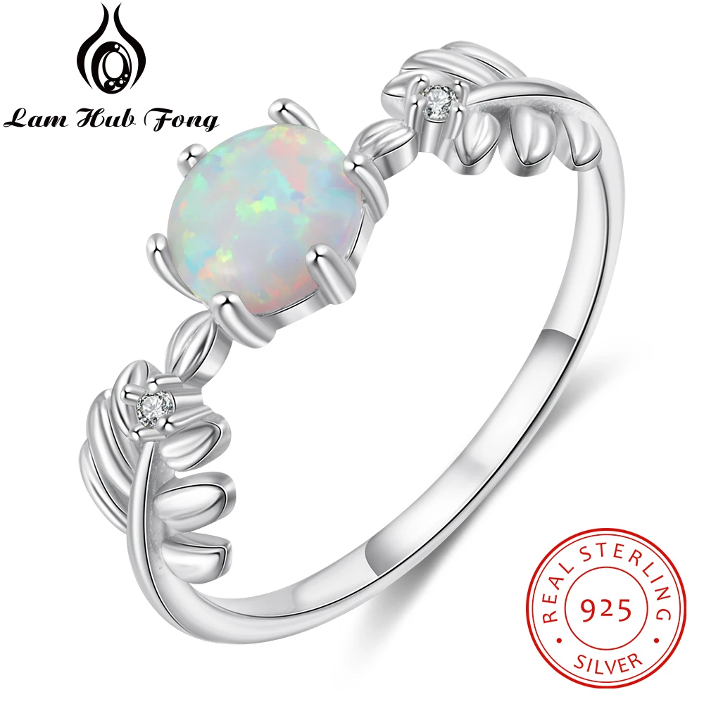 Round White Opal Ring 925 Sterling Silver Branch Leaf Women Zircon Ring Korean Wedding Engagement Jewelry Gifts (Lam Hub Fong)