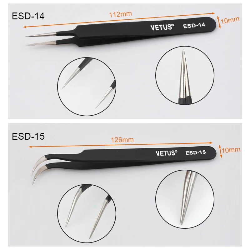 VETUS 1pcs ESD 10 11 12 13 14 15 Anti-static Stainless Steel Tweezers Set For Electronic Cell Phone Repair Tools