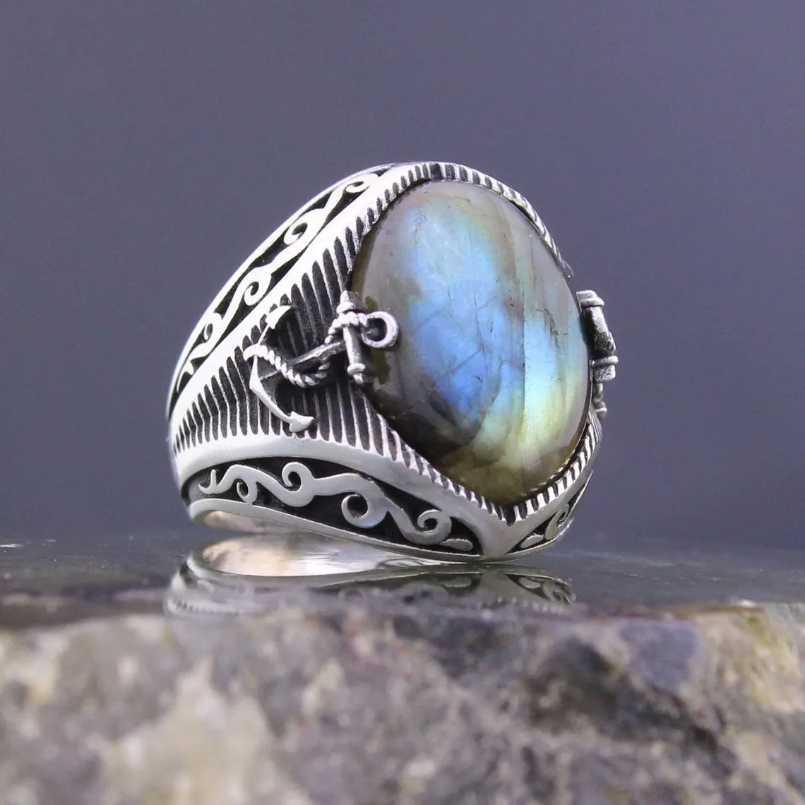 925 Sterling Silver Sailor's Anchor Natural Labradorite Stone Men's Ring Special Ring Jewelry Accessory For Men Gift Idea