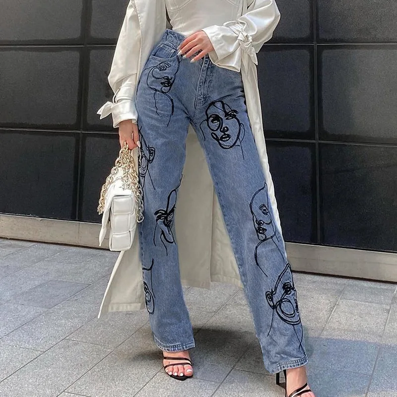Gothic New Style Abstract Face Print High Waist Loose Harajuku Hip-hop Pants Casual Fashion Streetwear Straight Denim Trousers