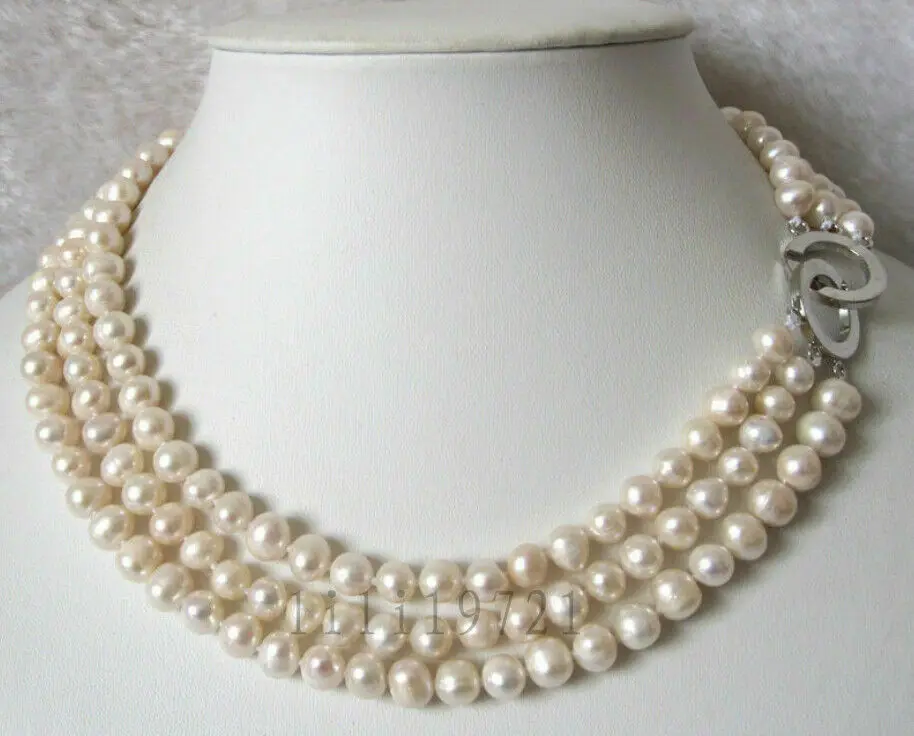 

Natural 3 Row 7-8mm White Freshwater Pearl Necklace 17-19"