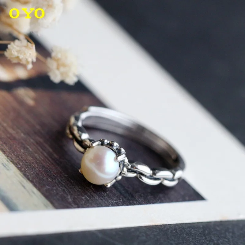 Hand-set natural pearl Thai silver ladies ring vintage opening 925 sterling silver ring