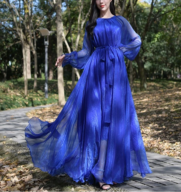 Female Clothing Elegant Flowy Chiffon High Quality Loose Belt Maxi Boho Dress New Beach Party Bridesmaid Dresses Blue AliExpress