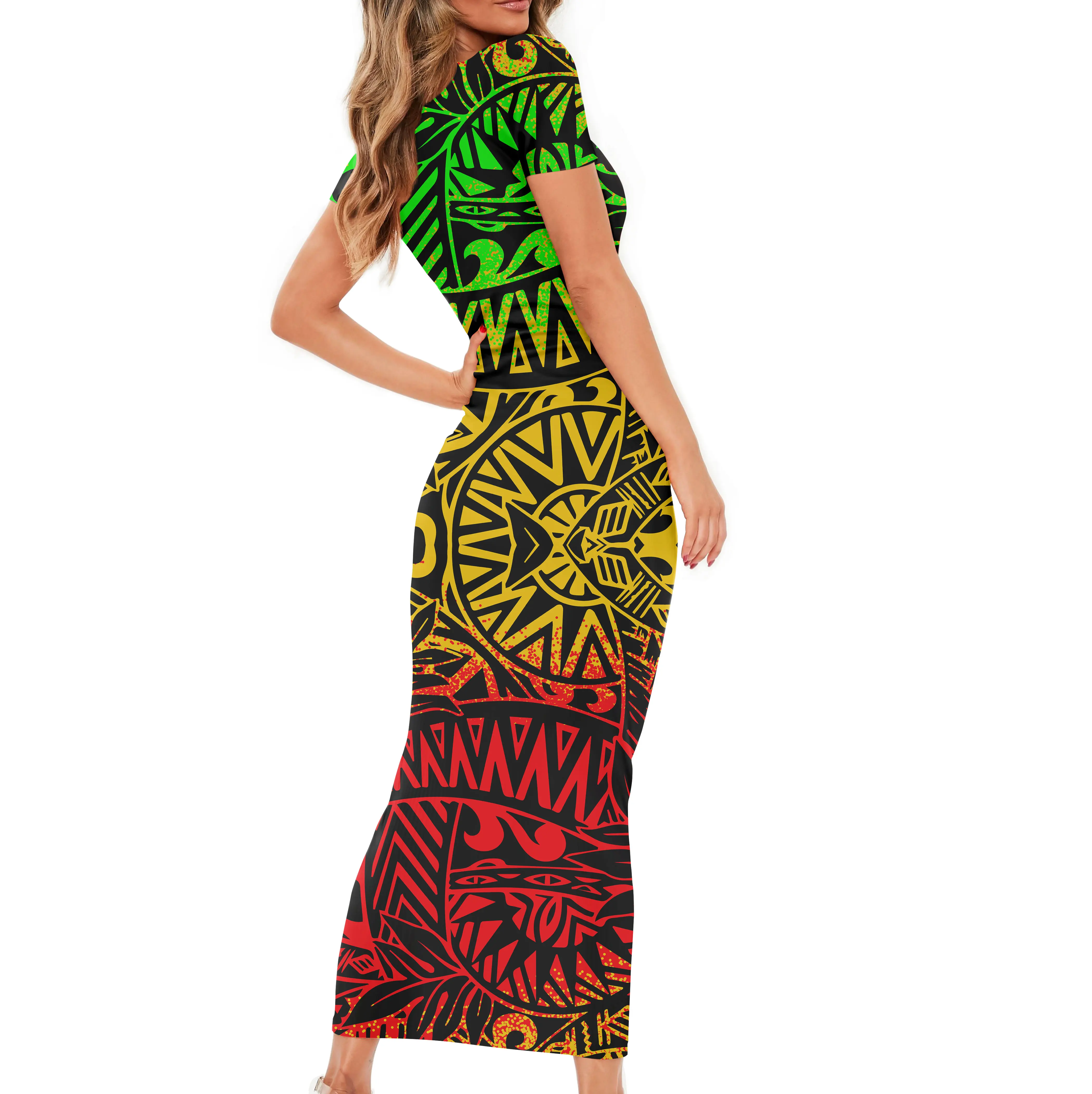 2022 Low Price Custom Women\'s Vintage Dress Polynesian Tribal Rasta Color Background With Sunrise Pattern Ladies Newest Dress