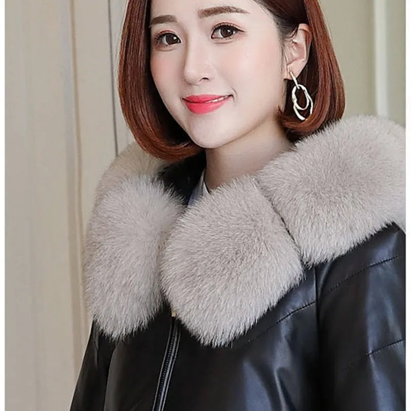 Autumn Winter Black Leather Jacket Women M-4XLFashion Slim Fox Fur PU Faux Leather Warm Short Fur Coats Feminina W2393