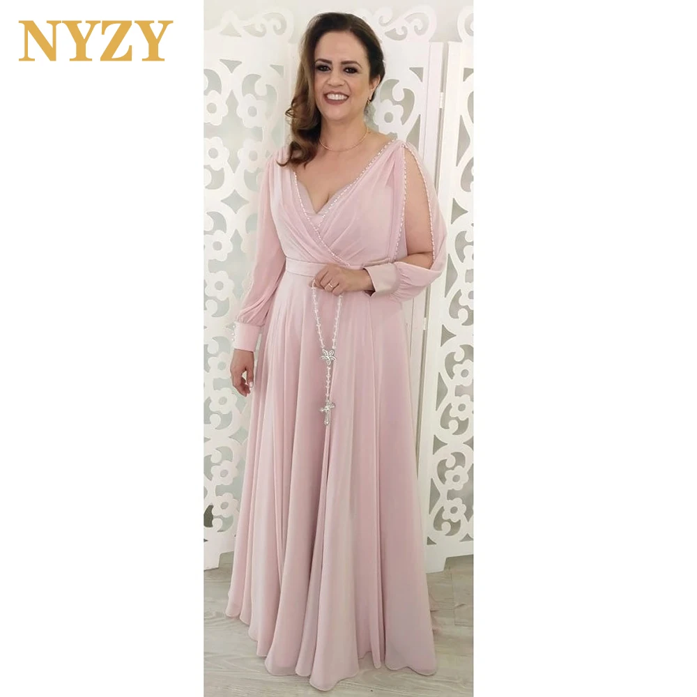 

NYZY M344 Elegant V Neck Chiffon Long Sleeves Pink Mother Of the Bride Groom Dresses Evening Formal Party Gown