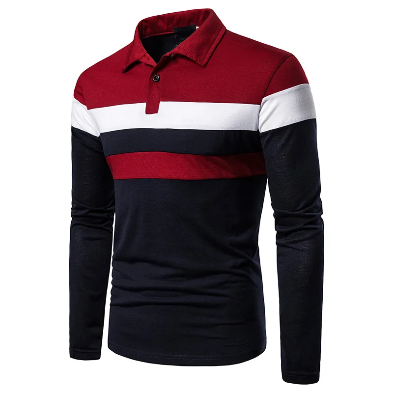 Polo Shirts Men Stripe Long Sleeve Mens Casual Fashion Contrast Color Business Casual Turn Down Collar Polo Shirts Male Tops