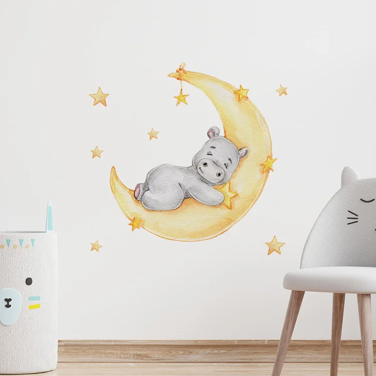 Cartoon-Wandaufkleber mit Mond und Nilpferd für Kinder, Babyzimmer, Dekoration, Zuhause, Wohnzimmer, Hintergrund, Wandbild, Tiere, Verschönerung der Tapete – Detail 4