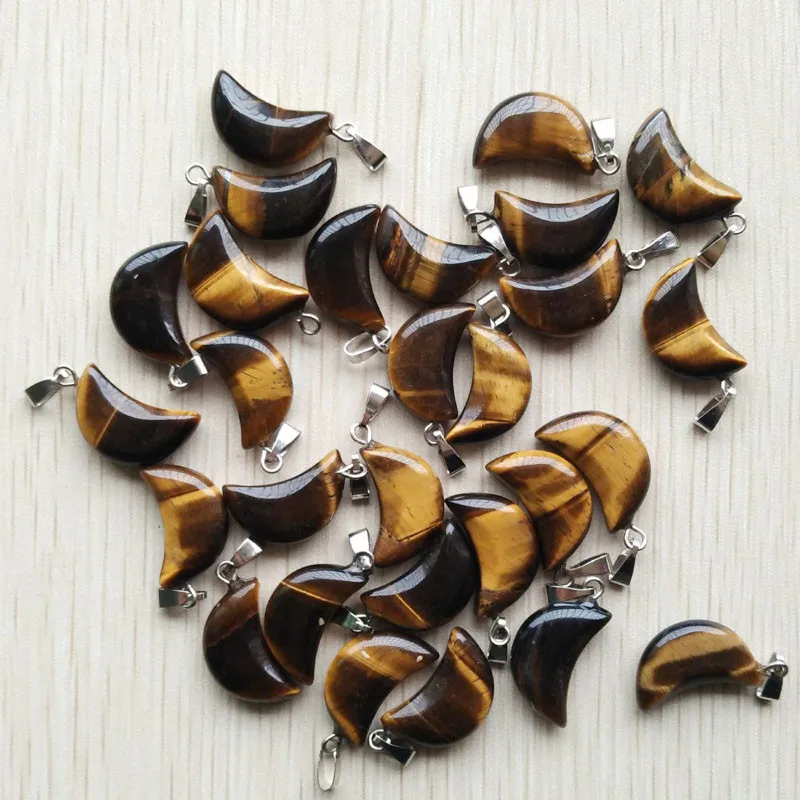 Good quality mix natural stone tiger eye white crystal moon shape pendants for jewelry making Wholesale 50pcs/lot