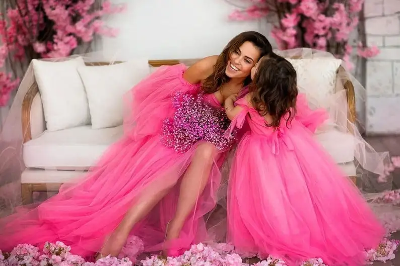 Dreamy Mommy and Me Matching Dresses Pink Tulle Mom and Kids Party Dress for Birthday Mother Daughter Prom Gown Evening Dress