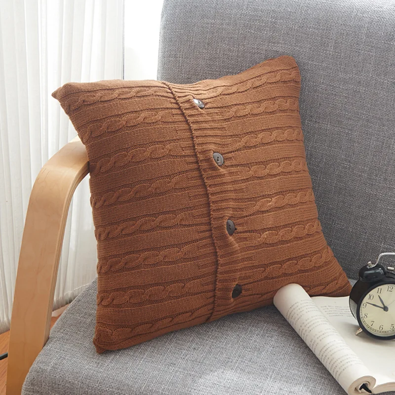 

Button Knitted Cushion Cover Retro 45cm*45cm Pillowcase Coffee Ivory Gray Coffee Color Pillowcase Fashion