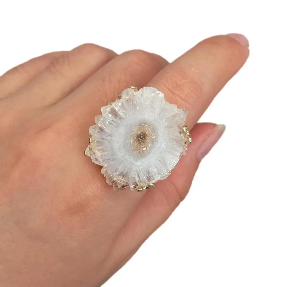 Y·YING Natural White Agates Quartz Druzy Electroplate Geode Rings Resizable