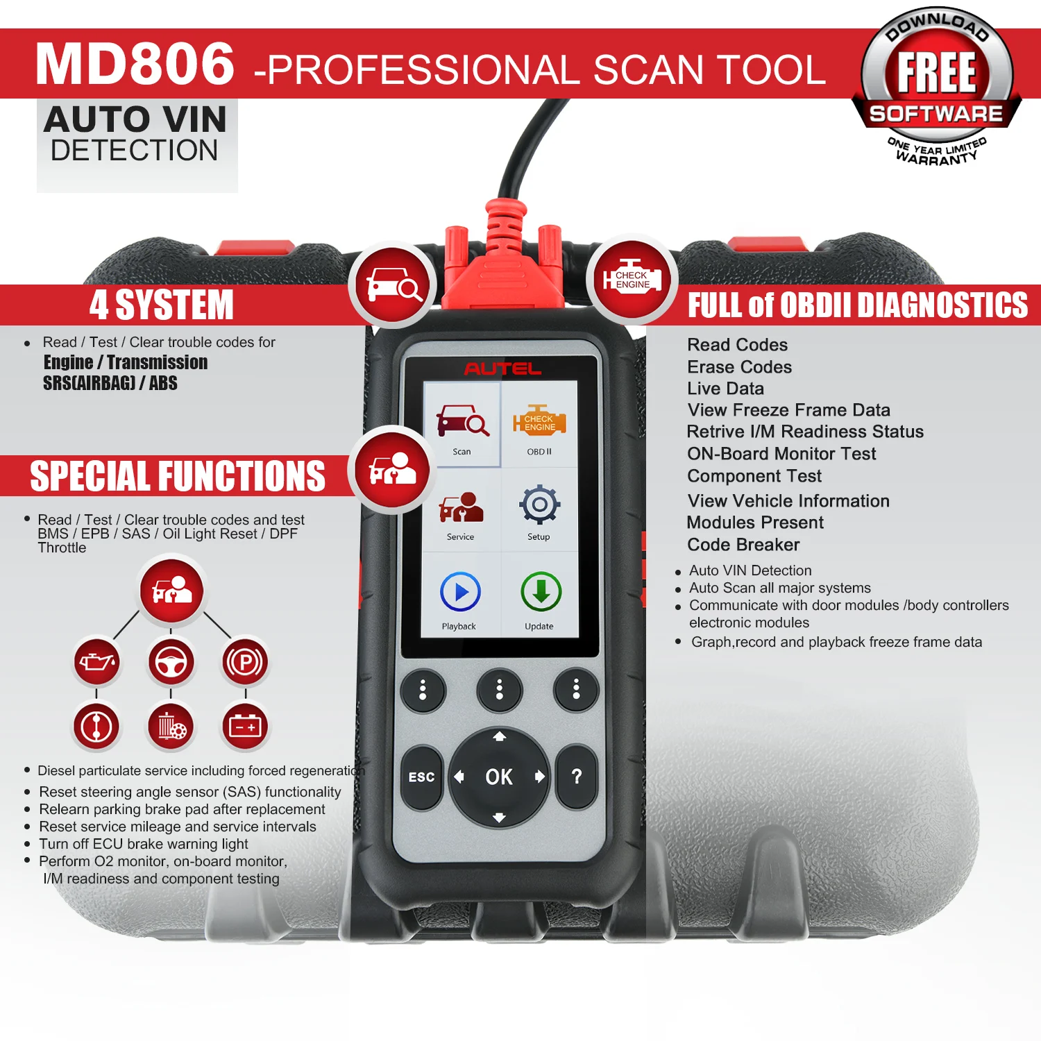 Autel MaxiDiag MD806 OBD2 Diagnostic Scan Tool Read/Clear Codes Four System Diagnosis Oil Reset PCM TCM ABS SRS EPB DPF SAS BMS