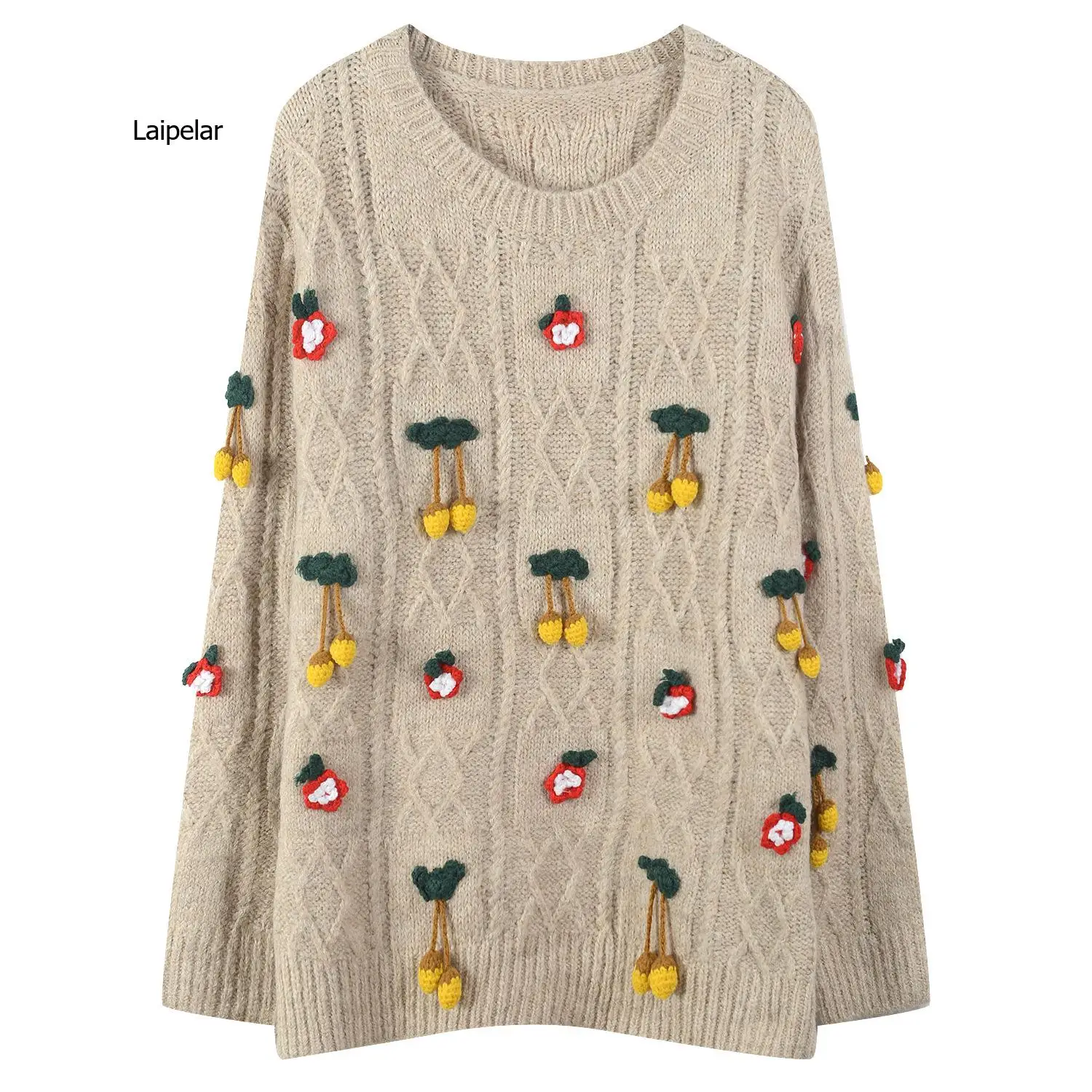 women sweaters and pullovers long sleeve o-neck strawberry tassel floral embroidery knit top jumper jersey oversized casual