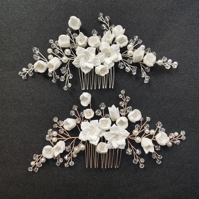 

SLBRIDAL Handmade Crystal Rhinestone Pearls Ceramic Flower Bridal Wedding Hair Comb Hair Pins Stickers Bridesmaids Women Jewelry