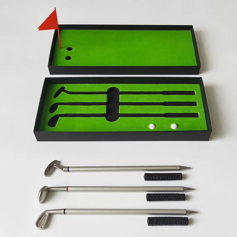 Junior Golf Gift Metal Tricolor Ballpoint Pen Golf Club Boxed Pen Mini Club Golf Set Two Balls One Flag