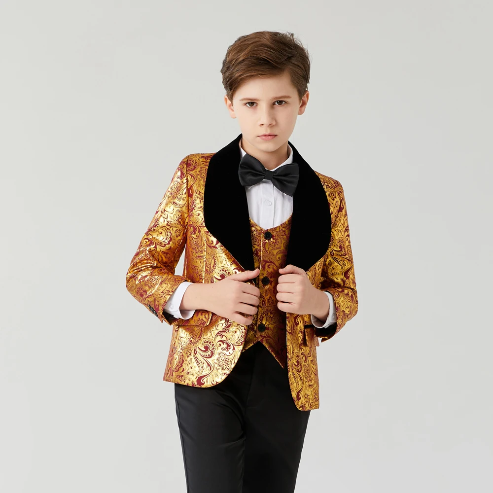 Children's wine red gold suit Boy's Suits 3 Pieces Beach Wedding Tuxedos For Kid Lapel Formal Prom Suit Little Boys Formal Wear