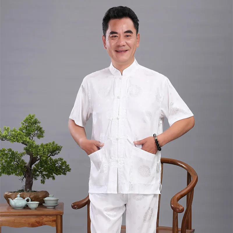 

Men Kung Fu Suit Chinese Dragon white Wu Shu Uniform Tai Chi Clothing Short Sleeve Shirt+Long Pant Sets M -4XL