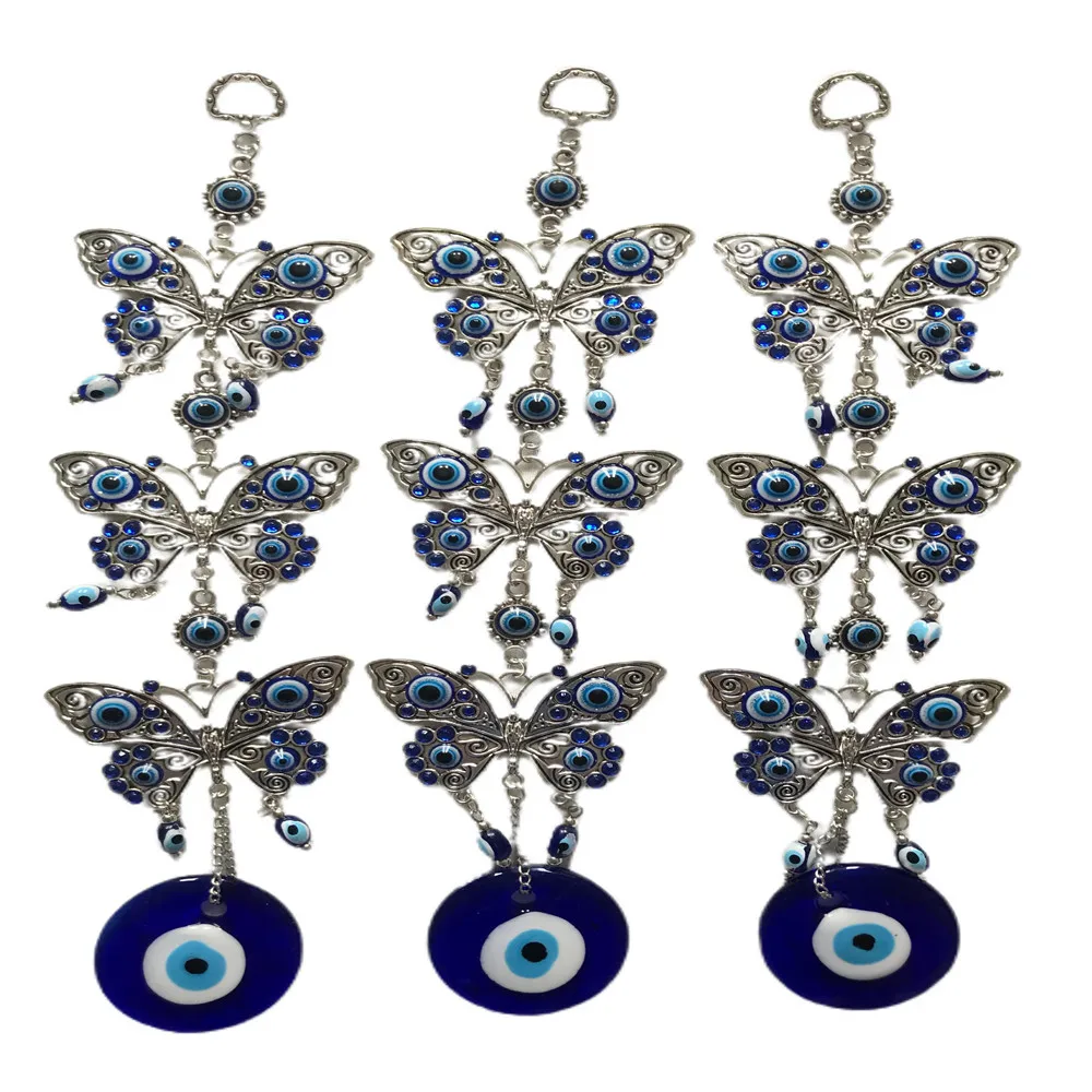 

Turkish Big Glass Blue Eye Pendant Alloy Butterflies Wall Hanging Silver Demon Eyes Car Home Decorations 3Pcs