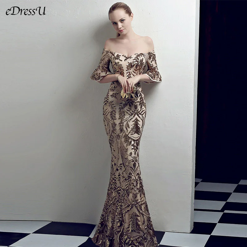 

Elegant Sequins Evening Party Dress Robe de Soiree Abendkleid Sexy Boat-Neck Vestido de Fiesta Long Formal Prom Dress YNY-1518