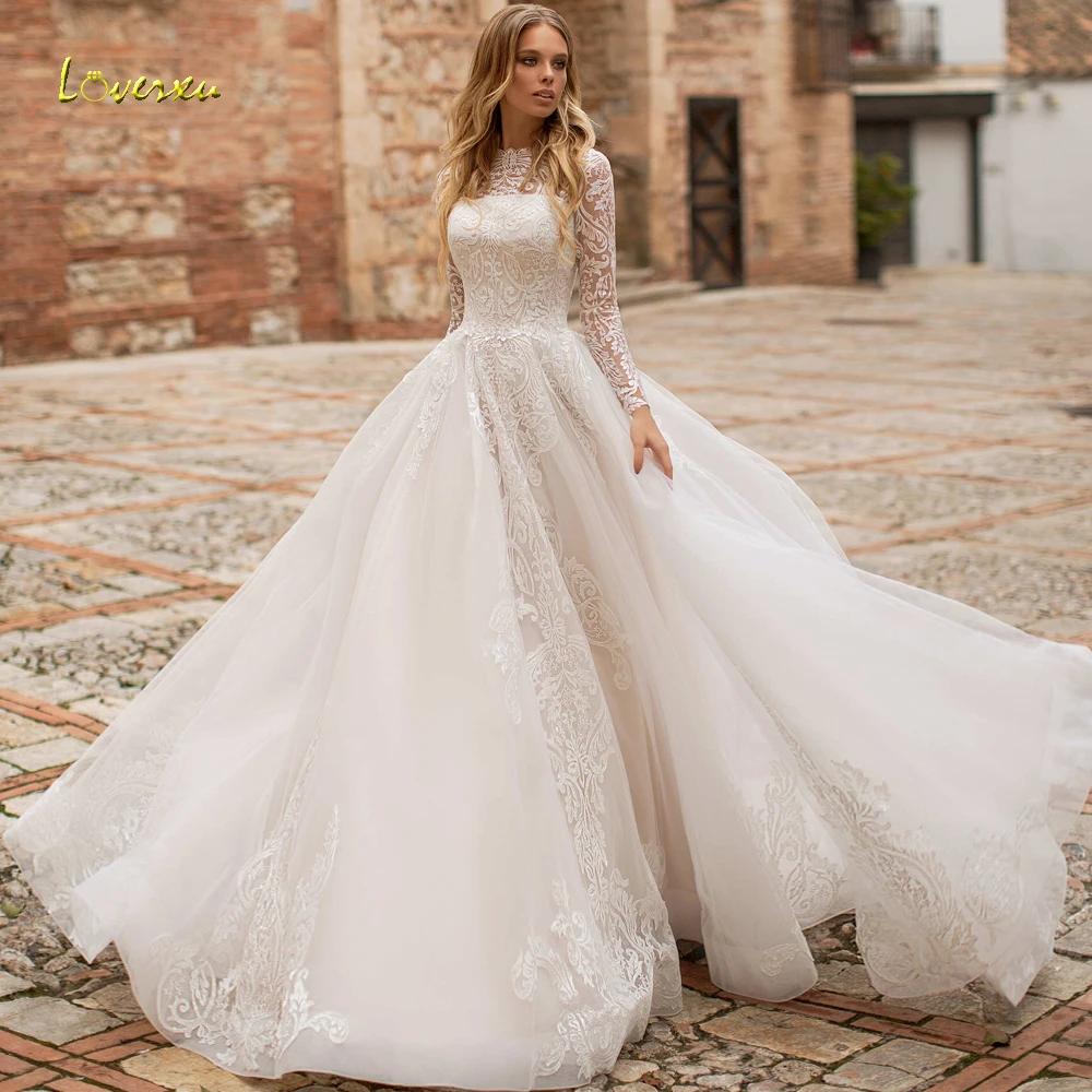 

Loverxu Vestido De Novia Long Sleeve Lace Vintage Wedding Dresses 2024 Sexy Illusion Appliques Court Train A-Line Bridal Gowns