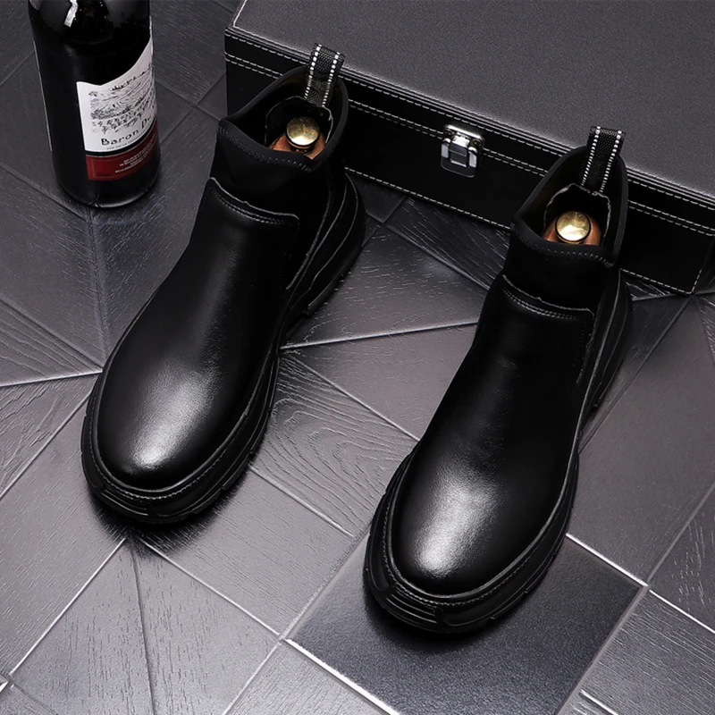 men casual party nightclub dress chelsea boots black white genuine leather shoes handsome platform bottes hommes ankle botas man