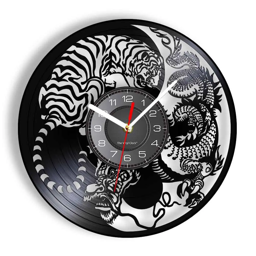 Dragon and Tiger Tattoo Vinyl LP Record Wall Clock Animal Yin Yang Chinese Asia Symbol of Balance Vintage Disk Crafts Clock