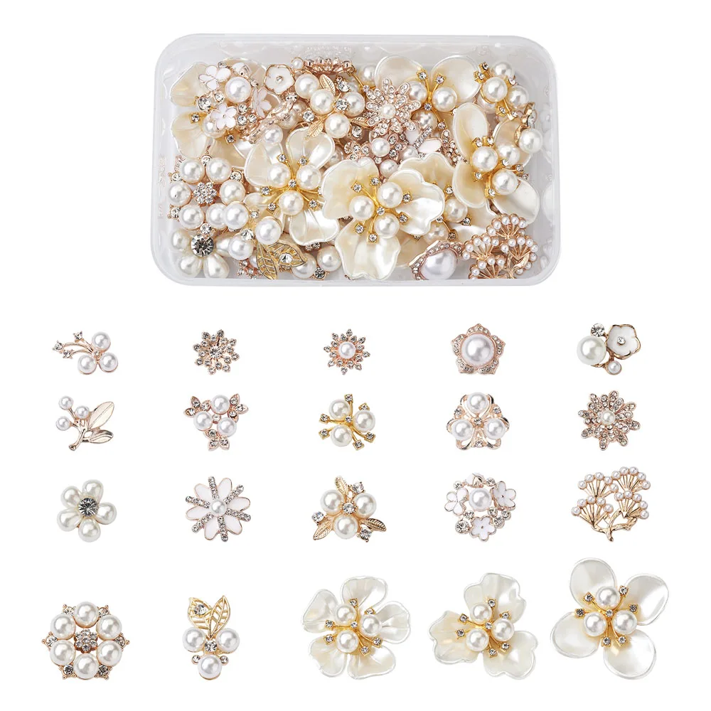 

40Pcs/Box Flower Alloy Cabochons Rhinestones Crystal With Imitation Pearl Button For Sewing DIY Craft Jewelry Base Accessories