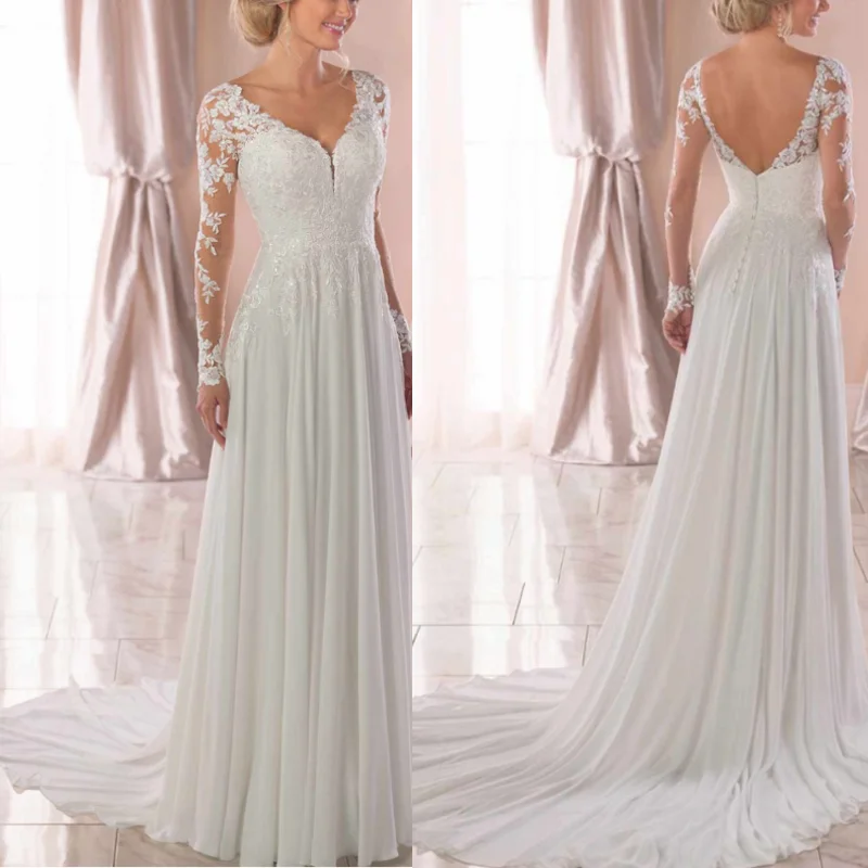 Sexy Backless Illusion Sleeve V-Neck Chiffon Sweep Train Bohemian Lace Wedding Dress Bride Gown Vestidos De Novia robe de mariée