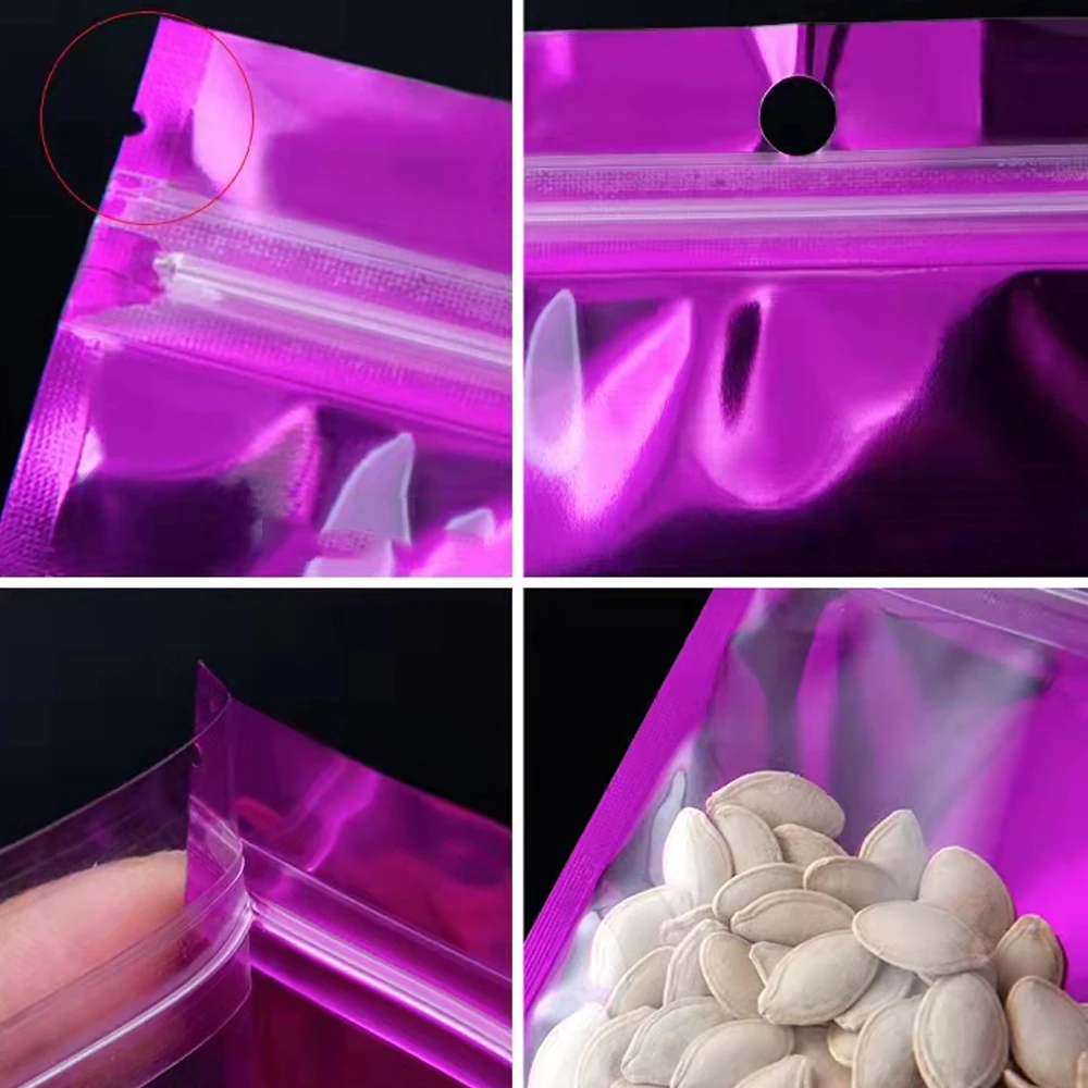 100Pcs Clear Purple Aluminum Foil Zip Lock Bag with Hang Hole Self Seal Tear Notch Reusable Flat Pouches for Food Candy Snack