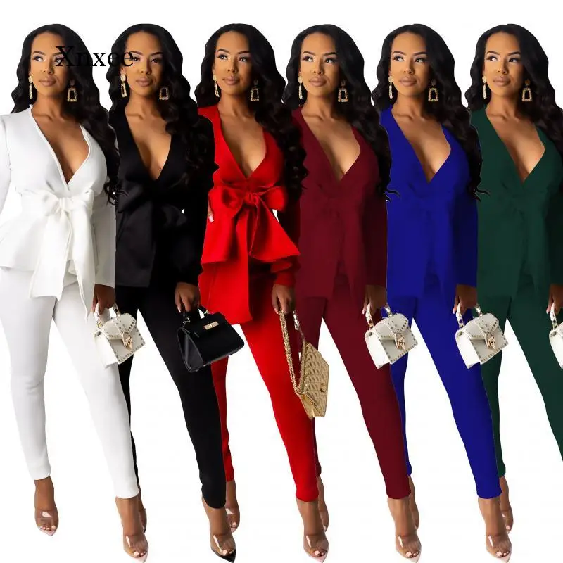 Women Winter Women's Set Tracksuit Full Sleeve Ruffles Bow Blazers Pants Suit Two Piece Set Office Lady Business Uniform