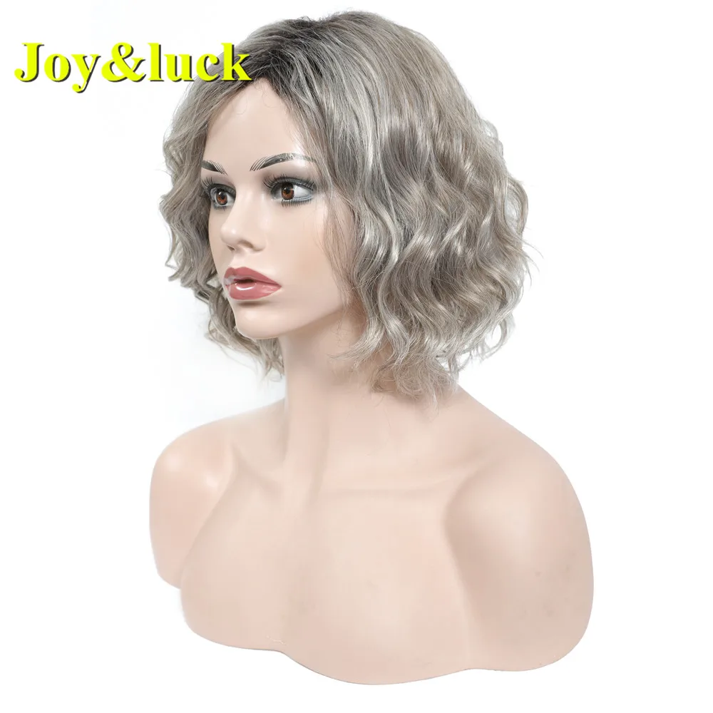 Joy&luck Short Water Wave Wig Ombre Grey Synthetic Wigs For Women Hair Wigs With Bangs Cosplay Or Party Hair Wigs