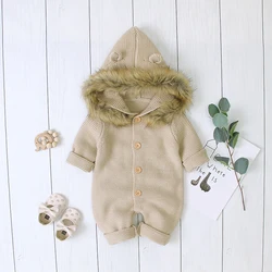 Newborn Baby Romper Long Sleeve Winter Toddler Boy Clothes Warm Solid Knit Infant Girl Jumpsuit Outfits Fashion Hooded Cute Ears