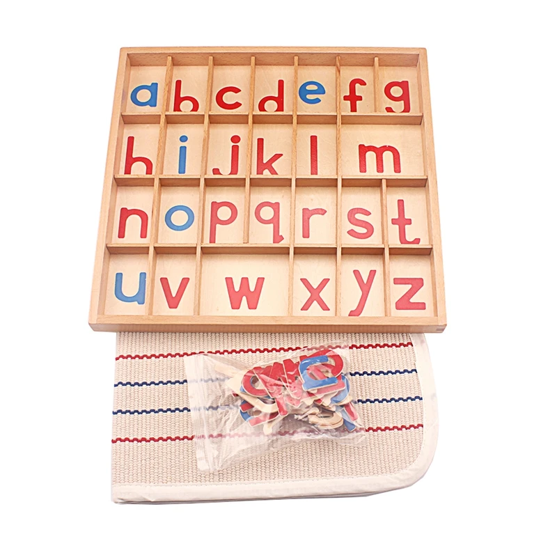 Montessori Language Toys English Alphabet Blanket Wooden Movable Alphabet Red & Blue with Mat 26Pcs Alphabets Toys for Children