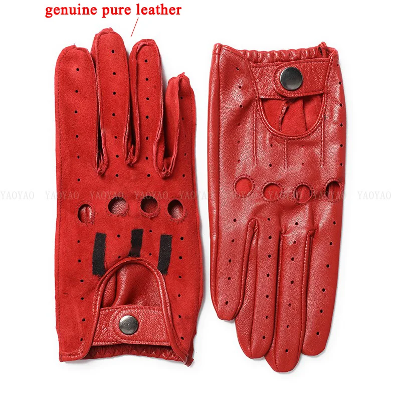 Pure Leather Glove For Men Male Top Quality Holes Locomotive Thin Mittens Elastic Wrist Red/Black/Dark Brown Driving Luva