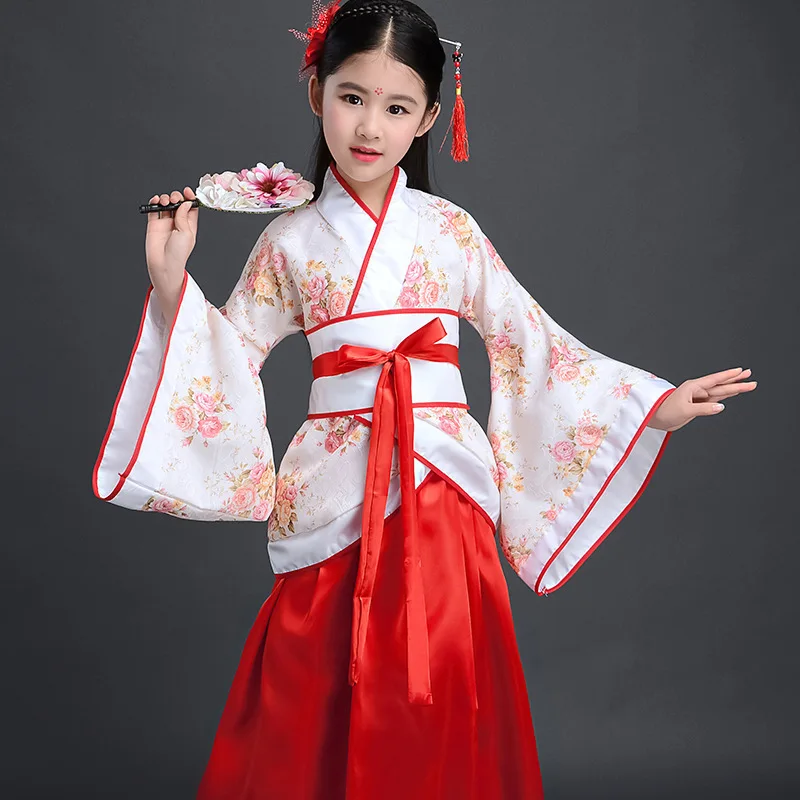 Chinese silk robe Costume Girls Children Kimono China Traditional Vintage Ethnic Fan Students Chorus Dance Costume Hanfu