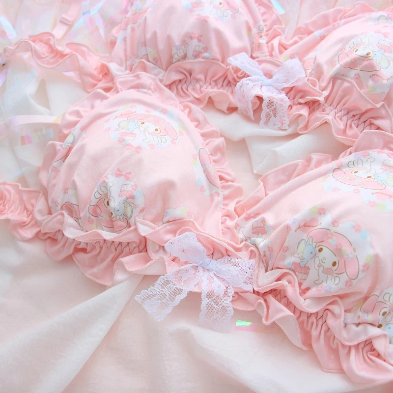 Lolita Women\'s Cute Milk Ruffle Anime Print Bra & Panties Lingerie Set Japanese Girl Bras Briefs Underwear Lovely Pink Bra Set